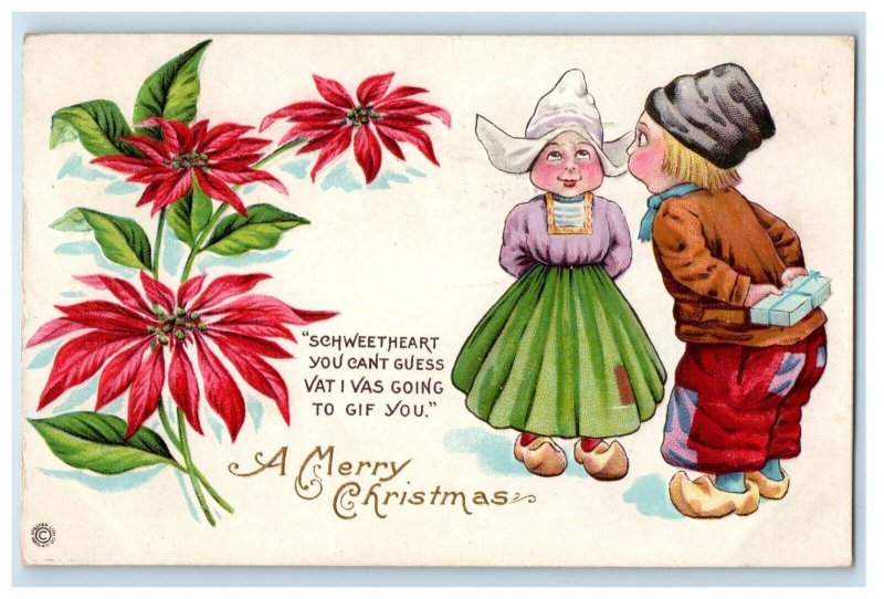 1916 Merry Christmas Dutch Boy And Girl Gift Poinsettia Flowers Antique Postcard