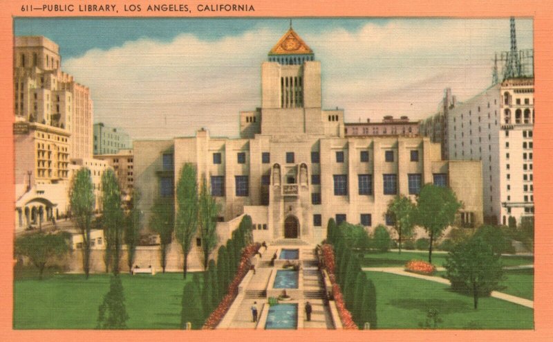 Vintage Postcard 1930's Public Library Los Angeles CA California Pub. Longshaw