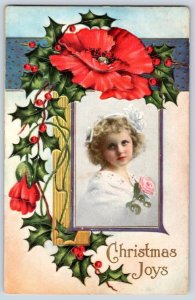 1910's CHRISTMAS JOYS BEAUTIFUL GIRL HOLLY EMBOSSED ANTIQUE POSTCARD