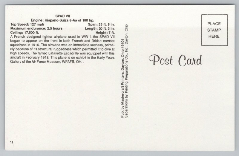 Aircraft~Spad VII~WWI~Air Force~Vintage Postcard 