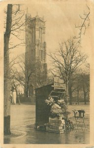 Paris France Flower Stand & St James Towe 1920s Sepia Whtie Border Postcard Used