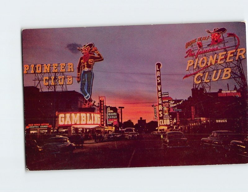 Postcard Largest Mechanical Neon Sign Howdy Podner Pioneer Club Las Vegas Nevada