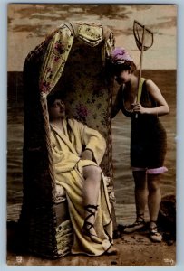 c1910's Beach Bathing Beauty Bath House RPPC Photo Unposted Antique Postcard