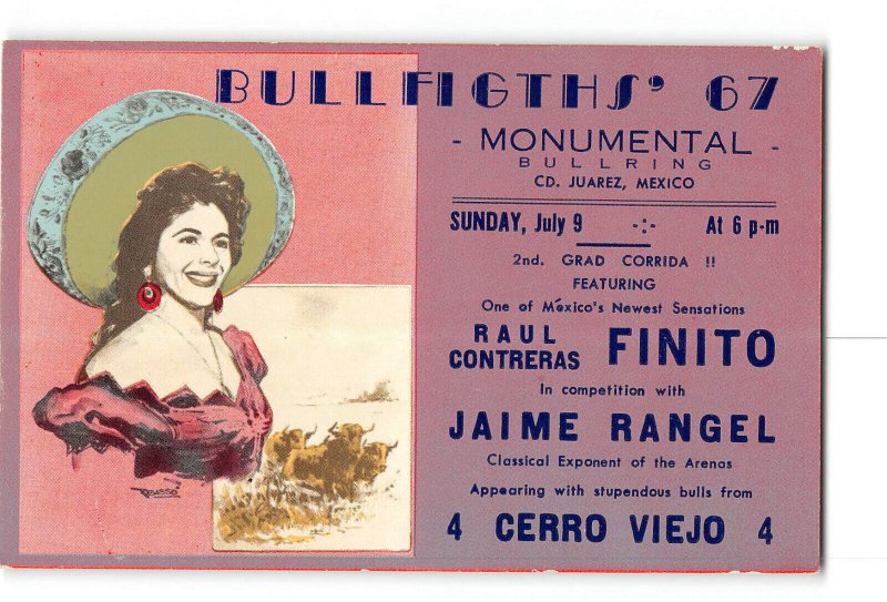 Juarez Mexico Postcard 1967 Monumental Bullfights Raul Contreras Finito Rangel