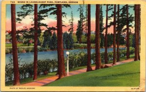 Laurelhurst Park Portland Oregon Scenic Landscape Linen Cancel WOB Postcard 