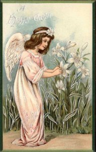 Easter Little Girl Angel Silver Embossed Tuck #1040 c1910 Postcard #2