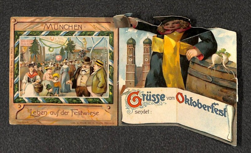 GRUSS VOM OKTOBERFEST BEER MUNCHEN GERMANY FOLD-OUT NOVELTY POSTCARD (c. 1905)