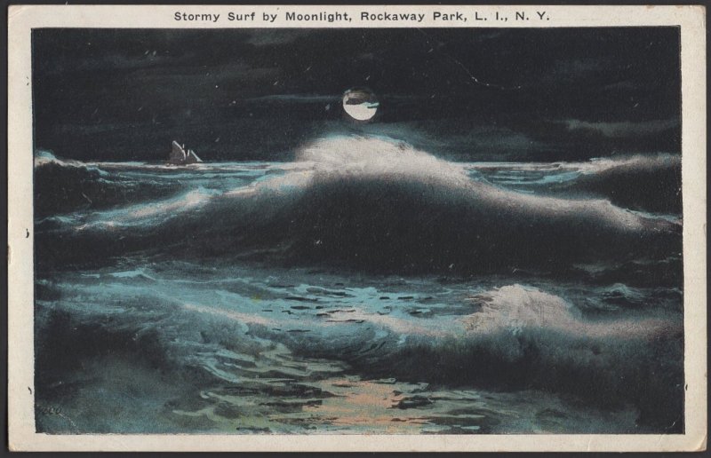 New York ROCKAWAY PARK Long Island - Stormy Surf by Moonlight ~ WB