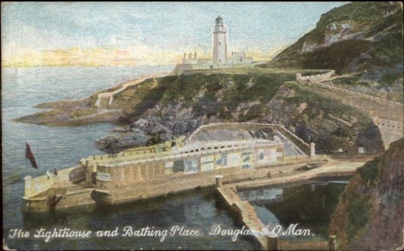 Douglas Isle of Man Lighthouse & Bathing Place c1910 Postcard