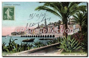 Old Postcard Menton City and Pier between Palms