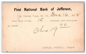 1898 First National Bank of Jefferson Charlestown West Virginia WV Postal Card