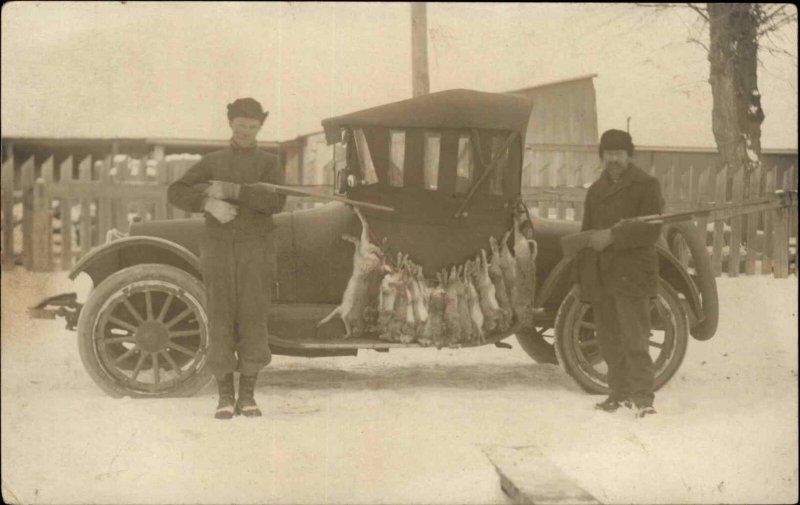 Hunting Men Dead Rabbits Car Guns Rifles or Shotguns c1910 Real Photo Postcard