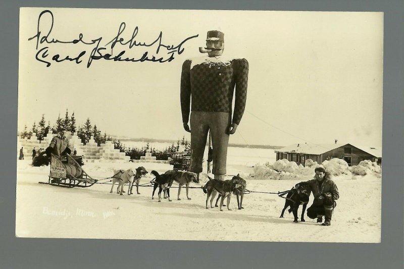 Bemidji MINNESOTA RP 1933 CROSS COUNTRY TRAVELER Dog Sled Ice Castle AUTOGRAPHED