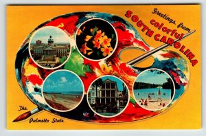 Postcard Greetings From South Carolina Chrome Paint Pallet Paintbrush Colorful