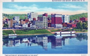 VINTAGE POSTCARD WATERFRONT AND WHARF AT WHEELING WEST VIRGINIA c. 1940