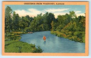 Greetings from WAKEENY, Kansas KS ~ TREGO COUNTY 1952 Linen Postcard