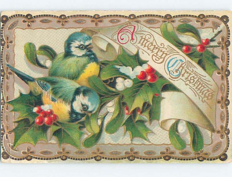 Pre-Linen christmas BLUISH GREEN YELLOW BIRDS WITH HOLLY AND MISTLETOE HL0382