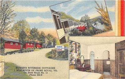 BOWER'S RIVERSIDE COTTAGES Front Royal, Virginia Roadside Linen Postcard c1940s 