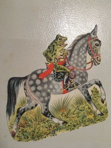 Frog Riding Dapple Gray Horse 7” Refrig Magnet Cut From Orig Vtg Storybook Page