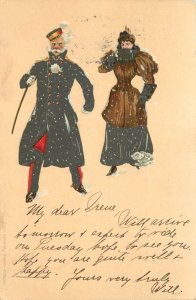 1899 German Postcard Military Man & Fashionable Woman In Snow, E. Schmidt