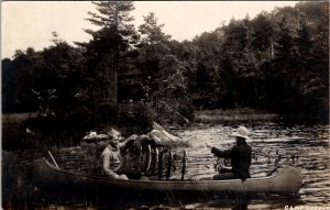 Fishing on Pond At Camp Ruffit Men Fish Canoe Real Photo c1915 Postcard Z5