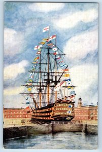 Portsmouth England Postcard The Victory Big Ship with Flags c1910 Antique