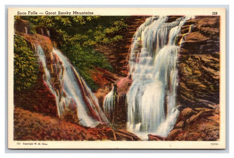 Soco Falls Great Smokey Mountains North Carolina NC UNP Linen Postcard Y10