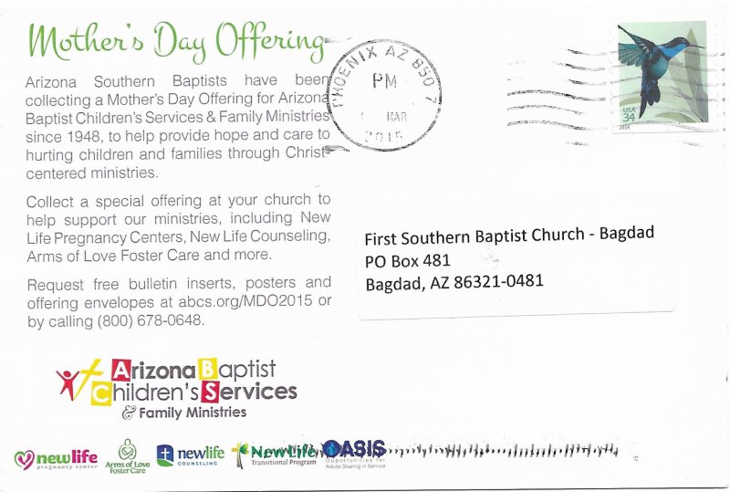 US Arizona Baptist Childrens Services. Mothers Day.  used #4858 stamp.