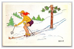 Kromecolor Comic Card Funny Woman Ski Skiing Around Tree UNP Chrome Postcard L19