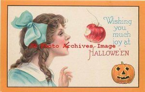 Halloween, Stecher No 1291 A, Girl Bites Apple on String, Jack o Lantern