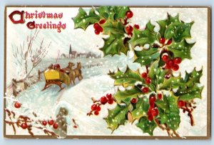 Christmas Postcard Greetings Horse Sleigh Holly Berries Winter Scene Tuck c1910s