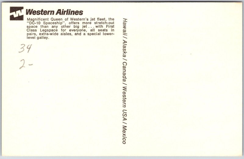 Airplane Western Airlines Jet Fleet DC-10 Spaceship Extra Wide Aisles Postcard