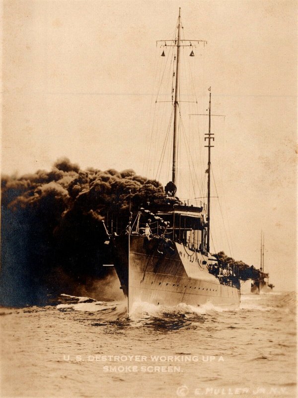 c1915 RPPC US Destroyers Working Up A Smoke Screen Real Photo by E Muller Jr