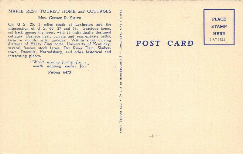 Lexington Kentucky 1950s Postcard Maple Rest Tourist Court Motel