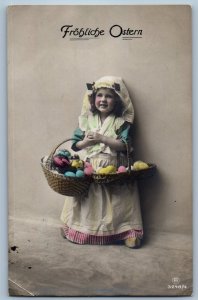 1905 Happy Easter Smiling Little Girl With Eggs Basket RPPC Photo Postcard