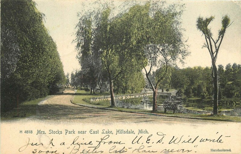 H4818. Mrs Stocks Park Near East Lake. Hillsdale, MI Handcolored Postcard