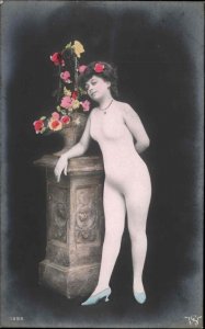 Woman in Studio Body Suit & Flowers Semi Nude Tinted Real Photo Postcard #3