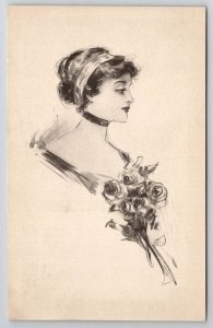 Victorian Woman Flowers Lovely Ladies Sketch Style Postcard P28