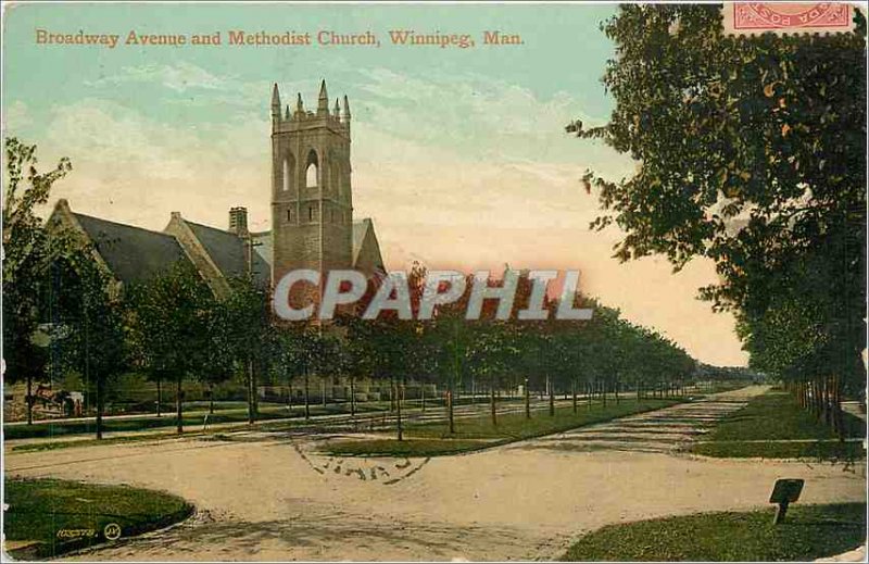 Postcard Old Broadway Avenue Methodist Church and Winnipeg Man