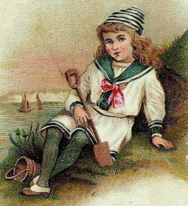 1880's-90's Victorian Religious Card Girl In Sailor Bathing Suit Beach P158
