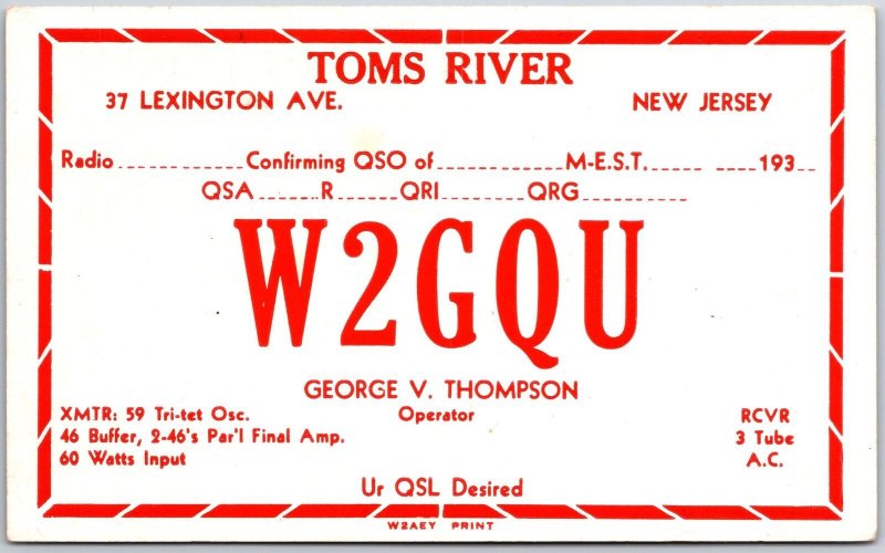 Radio Card W2GQU Toms River Lexington Avenue New Jersy George Thompson Postcard