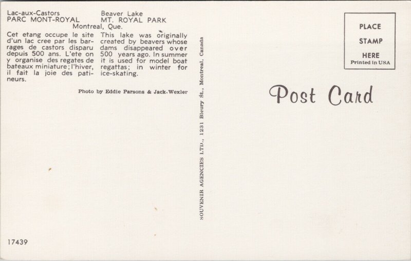 Beaver Lake Montreal Quebec QC QUE La Brise Mt. Royal Park Unused Postcard G87