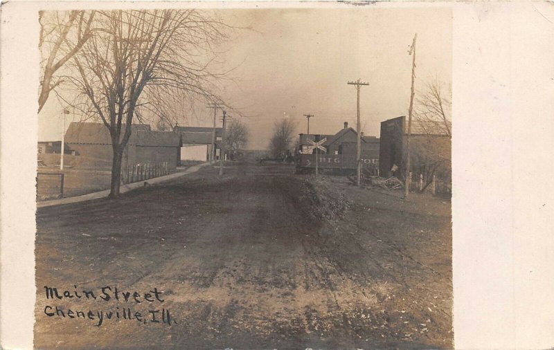 Cheyneyville Illinois 1908 RPPC Real Photo Postcard Main St Railroad Crossing