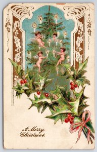 1910's A Merry Christmas Holyleaf Cherry & Holy Angles Posted Postcard 