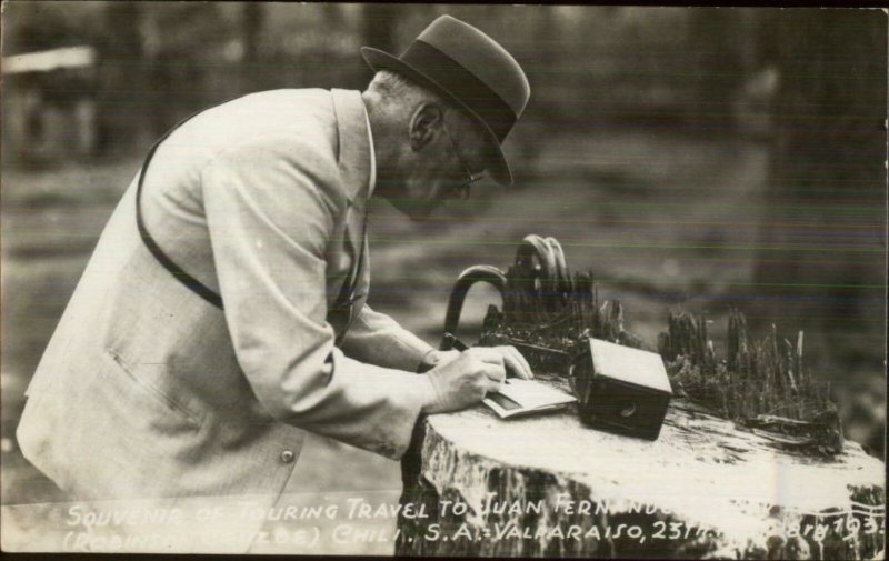 Man Travel South America Valparaiso Chili CAMERA Taking Notes RPPC Postcard