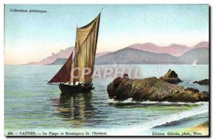 Old Postcard Fishing Boat Cannes Beach and mountains of & # 39Esterel