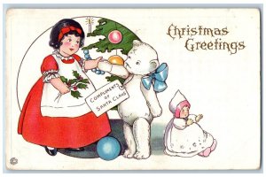 Christmas Postcard Greetings Girl Bear Toy Compliments Of Santa Claus Embossed