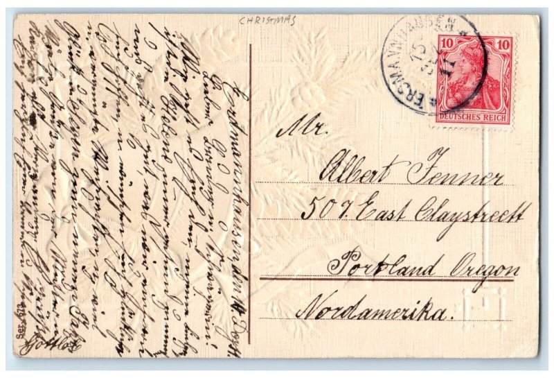 Christmas Postcard Ringing Bell Pinecone Embossed c1910's Posted Antique