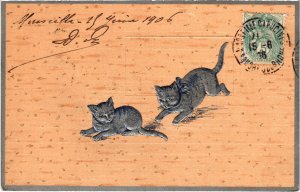 PC CATS, TWO CATS CHASING EACH OTHER, Vintage EMBOSSED Postcard (b46730)