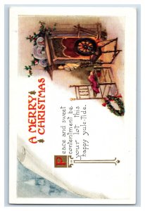 c. 1910 Spinning Wheel Hearth Wreath Christmas Holly Postcard P43E 